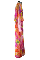 Extraordinary 1970s James Galanos Couture Floral Print Silk Chiffon Dress w Beaded Butterfly Detailing