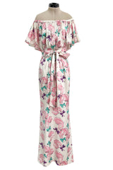 Dreamy Spring 1987 Yves Saint Laurent Off Shoulder Pink Feather & Bow Print Silk Dress