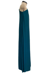 Prettiest 1978 Halston Dark Teal Jersey One Shoulder Draped Full Length Maxi Dress