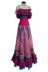 Incredible 1970s Jean Patou Printed Silk Organza Dress w Layered Ruffled Neckline & Hem