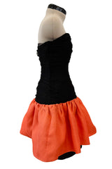 Spring 1987 Yves Saint Laurent Runway Strapless Dotted Net Mini Dress w Coral Skirt