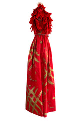 Rare Fall 1981 Fabrice Simon Couture Hand Painted Red & Gold Skirt & Top Dress Set
