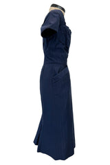 Prettiest 1950s Ceil Chapman Fitted Blue Dress w Hip Pockets & Pleated Bodice Detailing