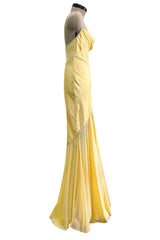 Prettiest 1980s Bob Mackie Pale Pastel Yellow Chiffon Dress w Draped Neckline & Flowing Skirt