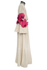 Gorgeous 1970s Unlabeled Raw Natural Cotton Dress w Huge Pink Floral Appliques
