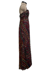 Exquisite 1965-66 James Galanos Couture Heavily Hand Beaded & Sequined Silk Print Dress