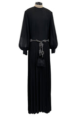 Gorgeous 1960s James Galanos Meticulously Pleated Black Silk Chiffon Dress w Elaborate Belt