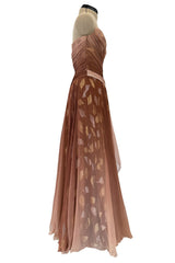 Prettiest Fall 1989 Bob Mackie Runway Silk Chiffon w Metallic Leaf Print Underlay Strapless Dress