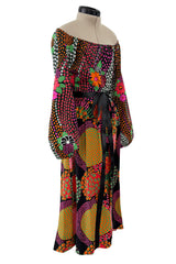 Fantastic 1970s Lanvin by Jules-Francois Crahay Printed Off Shoulder Stretch Jersey Dress