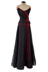 Fantastic 1970s Stavropoulos Wrap Skirt and Top Set w Embroidered Red Dots & Metallic Thread Pattern