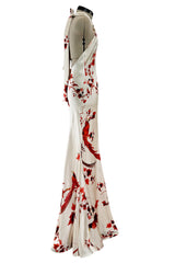 Spectacular Spring 2007 Roberto Cavalli Ivory & Coral Print Bias Cut Silk Dress w Twisted Halter Front & Low Back