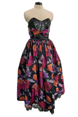Stunning c 1990 Geoffrey Beene Strapless Sequin Bodice & Floral Silk Taffeta Dress w Shawl
