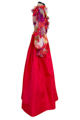 1972 Yves Saint Laurent Red Floral Silk Chiffon & Red Silk Dress w Balloon Sleeves & Pleat Detailing