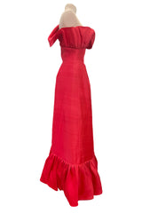 Prettiest 1970s Loris Azzaro Red Silk Gazaar One Shoulder Dress w Ruffled Detailing & Side Bow