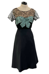 Rare 1950s Irene Lentz Black Silk Taffeta Dress w Pale Blue Ribbon & Lace Illusion Bodice