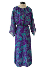 1976 Christian Dior by Marc Bohan Printed Purple & Turquoise Silk Chiffon Skirt & Jacket Set