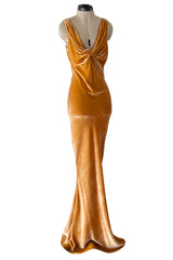 Magical Fall 2005 John Galliano Deep Golden Coloured Bias Cut Velvet Dress w Front Knot Detail