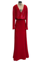 Stunning Fall 1998-99 Giorgio Armani Red Beaded & Sequin Long Skirt & Wrap Top Dress Set