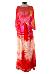 Incredible Spring 1978 Hanae Mori Brilliant Pink & Coral Sunset & Floral Caftan Dress & Cape Overlay