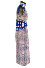 Incredible Spring 2018 Chanel by Karl Lagerfeld Runway Look 8 Pink & Blue Metallic Boucle Dress