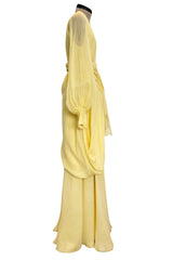 Exceptional 1970s George Stavropoulos Pale Yellow Bias Cut Silk Chiffon Caftan Dress w Attached Panel