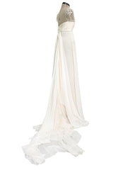 Vintage Valentino White Silk Wedding Dress w Elaborate Trains, Pleating & Extensive Beading Detail