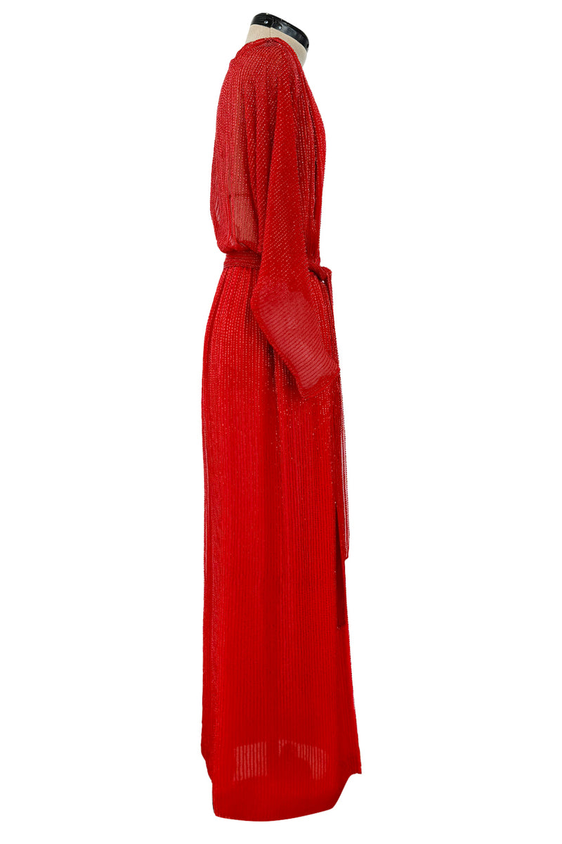 Iconic Resort 1980 Runway Fully Hand Beaded on Red Silk Chiffon Halston w Plunge Front