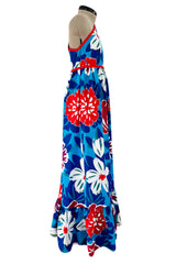 Prettiest 1977 Oscar de la Renta for Swirl One Shoulder Printed Bright Floral Cotton Dress w Ruffled Hem