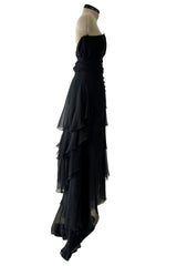 1980s Chanel by Karl Lagerfeld Strapless Black Tiered Silk Chiffon Dress