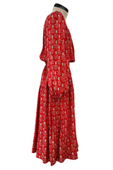 Prettiest 1970s Hanae Mori Red Print Light Silk Dress w Full Balloon Sleeves & Tiered Skirt