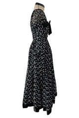 Prettiest Fall 1979 Christian Dior by Marc Bohan Black Silk Lace Net Dress w White Sequins & Bows