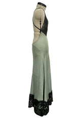 Incredible 1990s Geoffrey Beene Couture Dusty Green Jersey Plunge Dress w Sequins