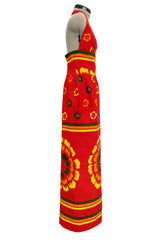 Gorgeous 1971-1972 Lanvin by Jules-Francois Crahay Floral Printed Coral Cotton Pique Backless Halter Dress