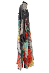 1970s Hanae Mori Silk Twill & Chiffon Caped Overlay Caftan Dress