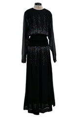 Spectacular 1970s Givenchy by Hubert de Givenchy Black Chiffon Dress w Colored Rhinestones