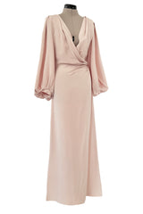 Prettiest Spring 1990 Yves Saint Laurent Pale Nude Pink Silk Plunge Runway Dress w Balloon Sleeves