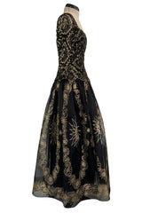 Fall 1995 Zandra Rhodes 'The Fairy Collection' Hand Painted Metallic Gold Lace & Silk Dress