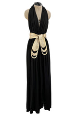 Documented 1981 Bill Tice Plunge Front Black & Gold Nylon Jersey Backless Halter Dress