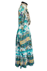 Rare 1971 Thea Porter Actual Book Piece Silk Cotton Gauze Dress w Sheila Hudson Horseman Print