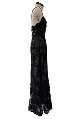 Incredible 1970s Christian Dior by Marc Bohan Demi-Couture Elaborately Beaded Black Lace Net Dress