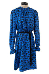 Divine Fall 1979 Yves Saint Laurent True Haute Couture Blue Silk Harlequin Print Dress w Ruffled Cuffs