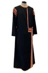 Fabulous 1920s Unlabeled Black Wool & Deep Orange Coral Raffia Trim Flapper Coat or Dress