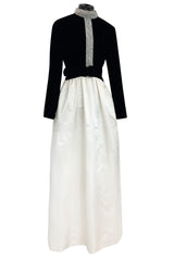 Early 1960s Harvey Berin Black Velvet & Ivory Silk Skirted Dress w Sparkling Beaded Detailing