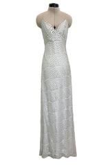 Fantastic 1970s Christian Dior Marc Bohan Silver Sequin Silk Chiffon Dress w Baby Blue Lining