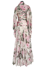 Prettiest 1970s Lanvin Couture Pastel Floral Print Strapless Silk Chiffon Dress w Balloon Sleeve Jacket