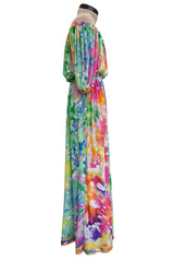 Prettiest 1970s Leonard Washed Floral Pastel Print Silk JerseyEasy -to-Wear Elastic Off Shoulder Dress