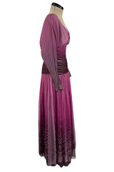 Stunning 1970s Bill Gibb Deep Purple Fuchsia Silk Chiffon & Glitter Dress w Deep Front & Back Plunge