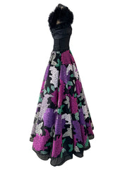 1990s Nina Ricci by Gerard Pipart Haute Couture Black Off Shoulder Dress w Hand Quilted Floral Skirt