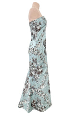 Incredible Fall 2008 Oscar de la Renta Strapless Blue & Silver Grey Floral Silk Brocade Dress