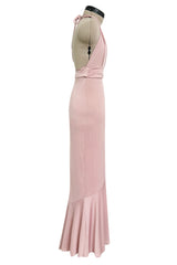 Prettiest 2000s Gianni Versace Pale Dusty Pink Plunge Stretch Jersey Halter Dress w Open Back